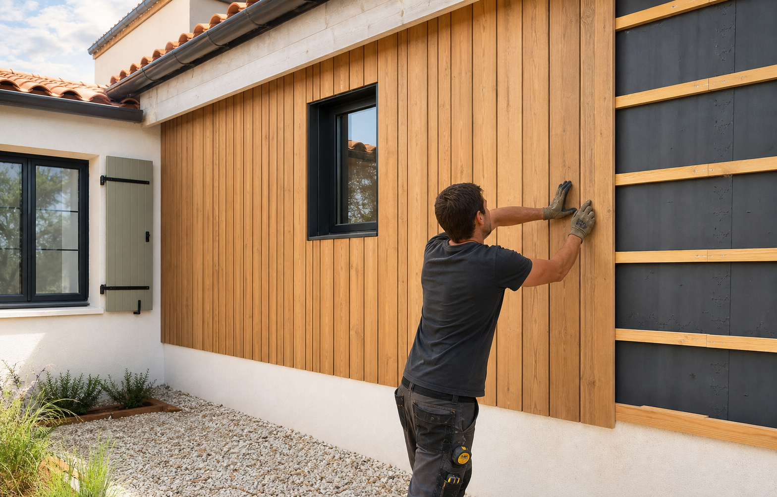 Pose d’un bardage bois vertical sur la façade d’une maison