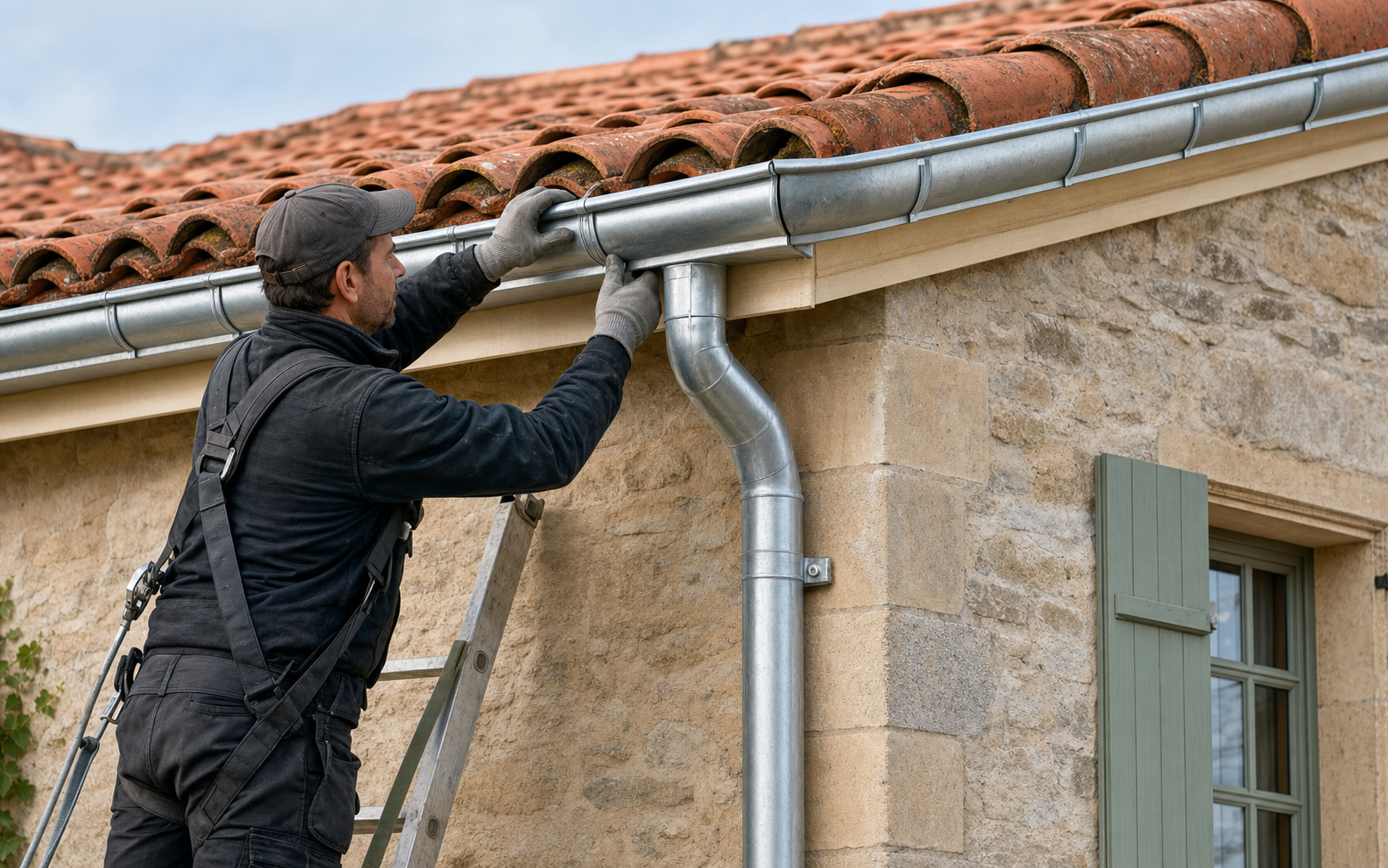 Pose et réparation d’une gouttière en zinc sur une toiture en tuiles
