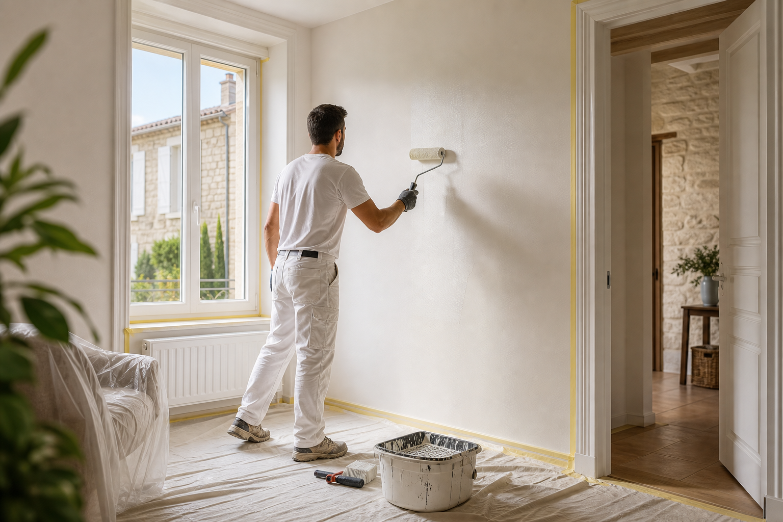 Travaux de peinture intérieure dans une pièce lumineuse