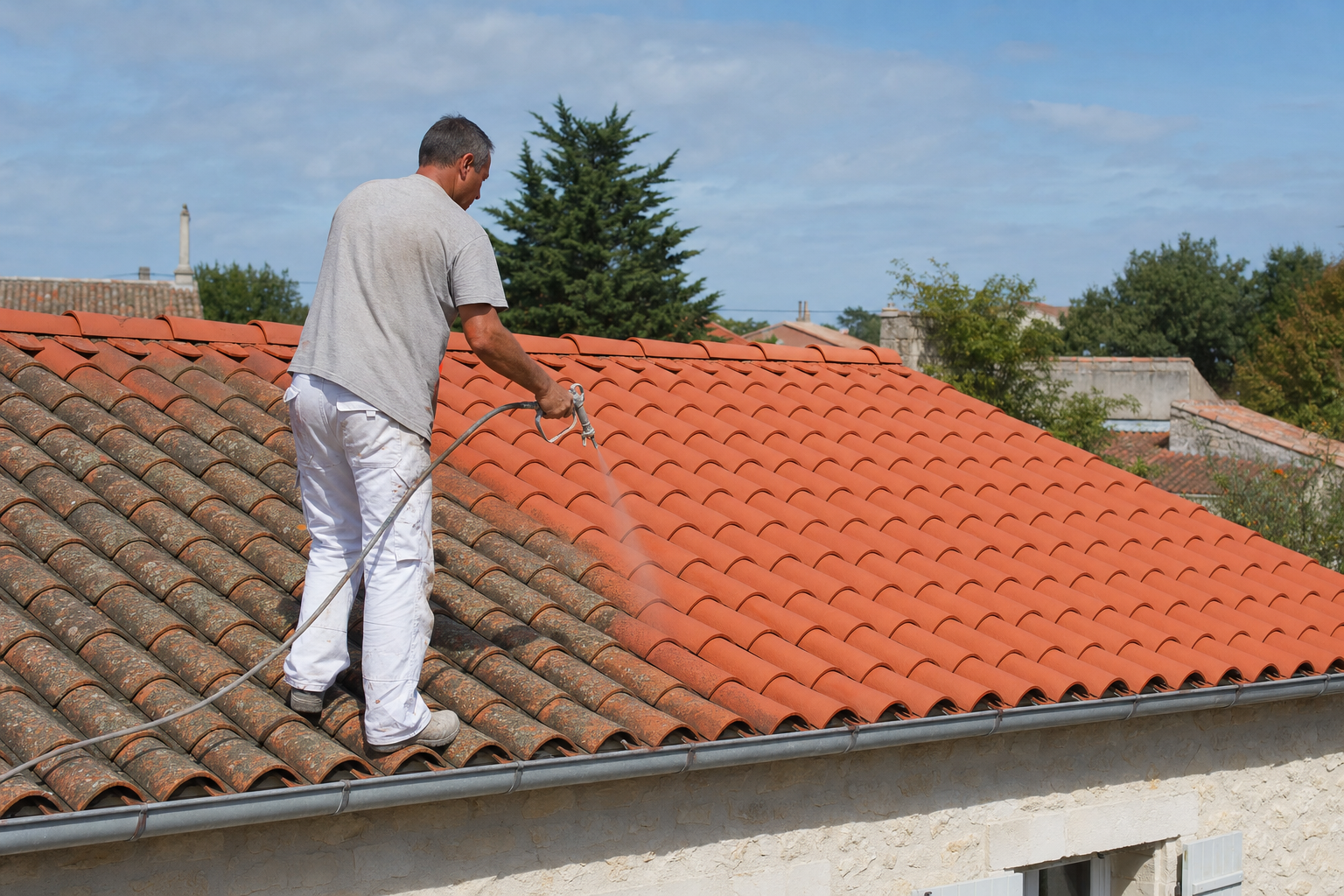 Application d’une peinture protectrice sur une toiture en tuiles
